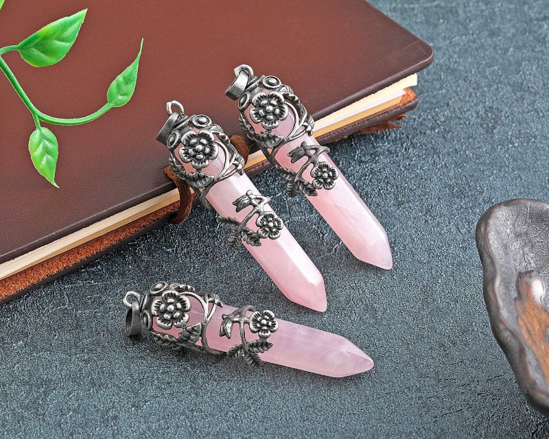 Top Plaza Antique Silver Flower Wrapped Natural Rose Quartz Healing Crystal Necklace Mothers Day Mom Gifts - Image 3